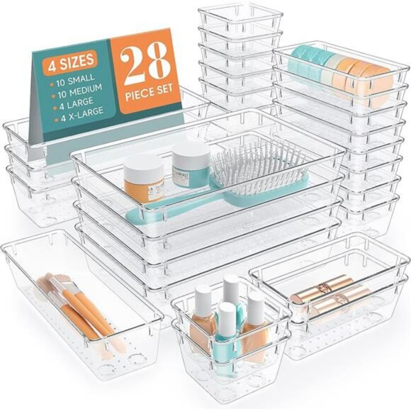Clear Plastic Drawer Organizer Bins Set for Makeup Kitchen Office Storage - Picture 1 of 7